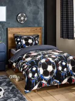 Sale Next Duvet Cover and Pillowcase Set Black Football Cosy Fleece