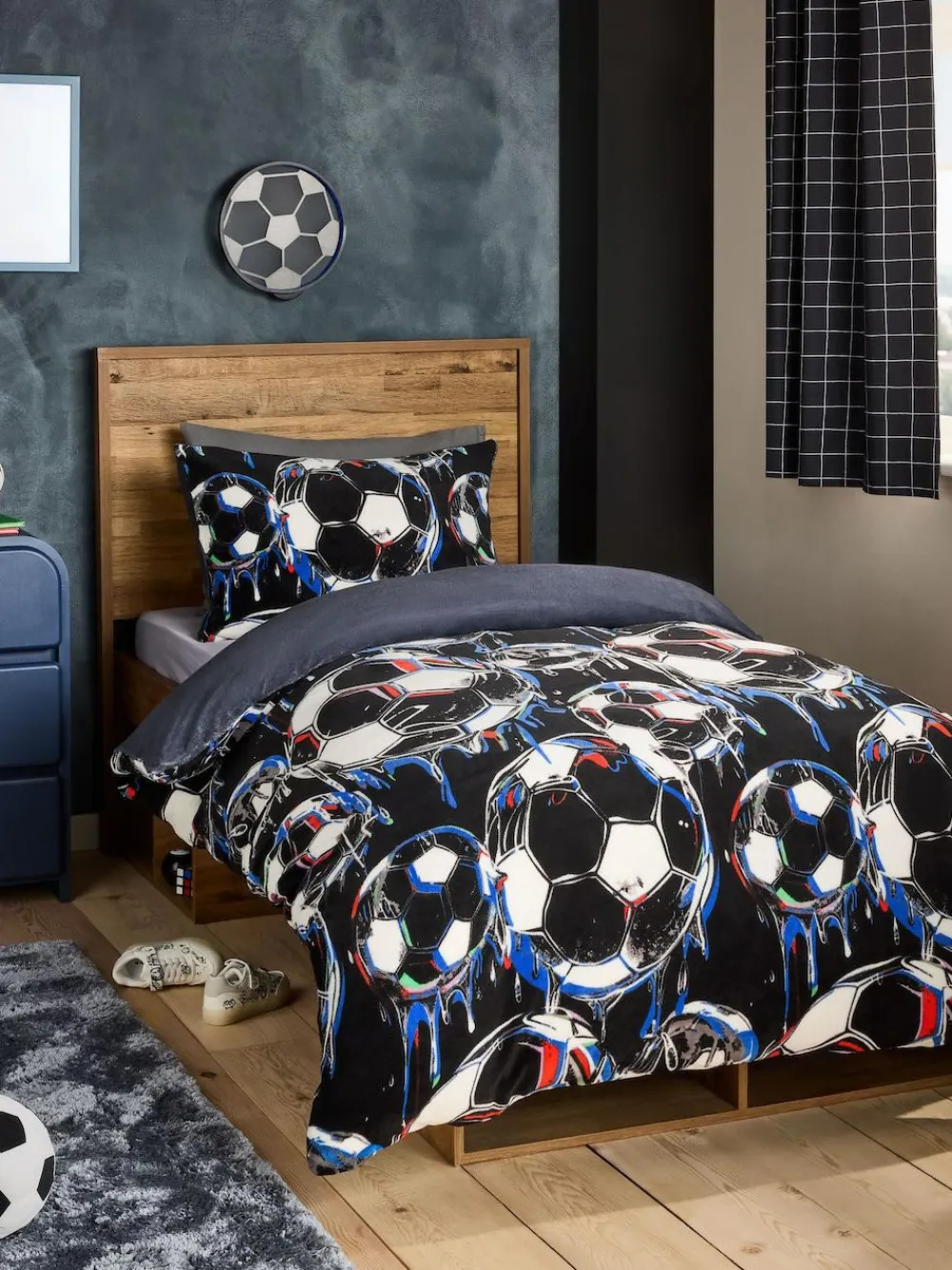 Sale Next Duvet Cover and Pillowcase Set Black Football Cosy Fleece