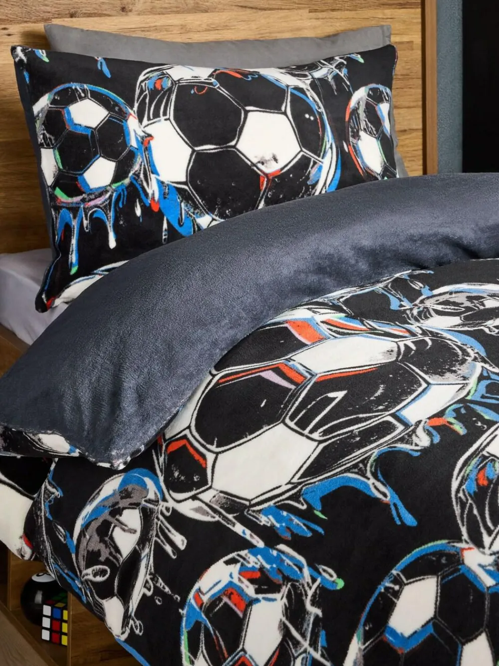 Sale Next Duvet Cover and Pillowcase Set Black Football Cosy Fleece