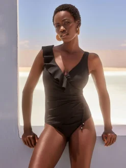 Next Black Frill Wrap Tummy Shaping Control Swimsuit^Women Swimwear