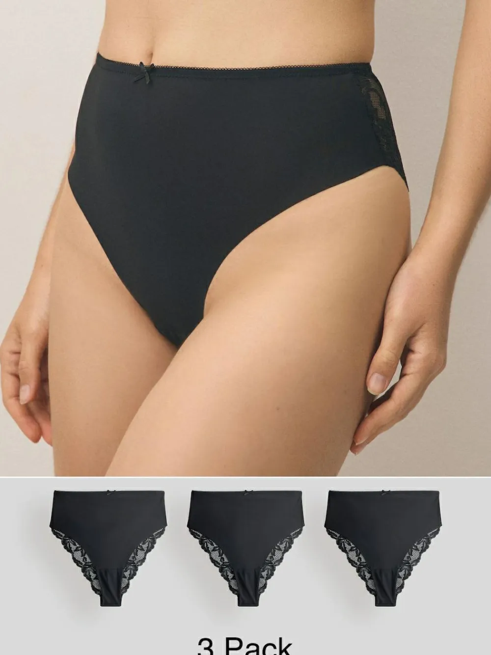 Next Black High Waist High Leg No VPL Lace Back Briefs 3 Pack^Women Panties|All Lingerie