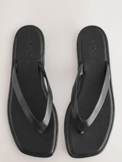 Hot Next Standard/Wide Fit Square Toe Thong Sandals Black Leather