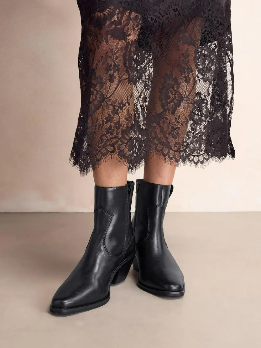 Clearance Next Standard/Wide Fit Cowboy Block Heel Ankle Boots Black Leather