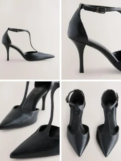 Discount Next Leather T-Bar Pointed Toe Heels Black Lizard Effect
