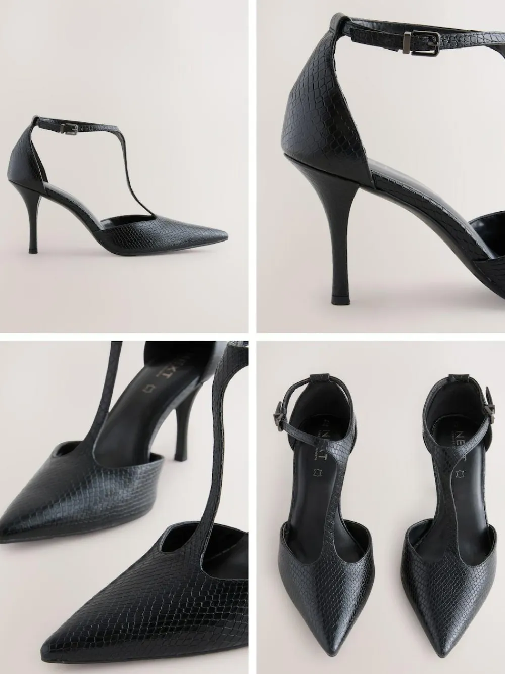 Discount Next Leather T-Bar Pointed Toe Heels Black Lizard Effect