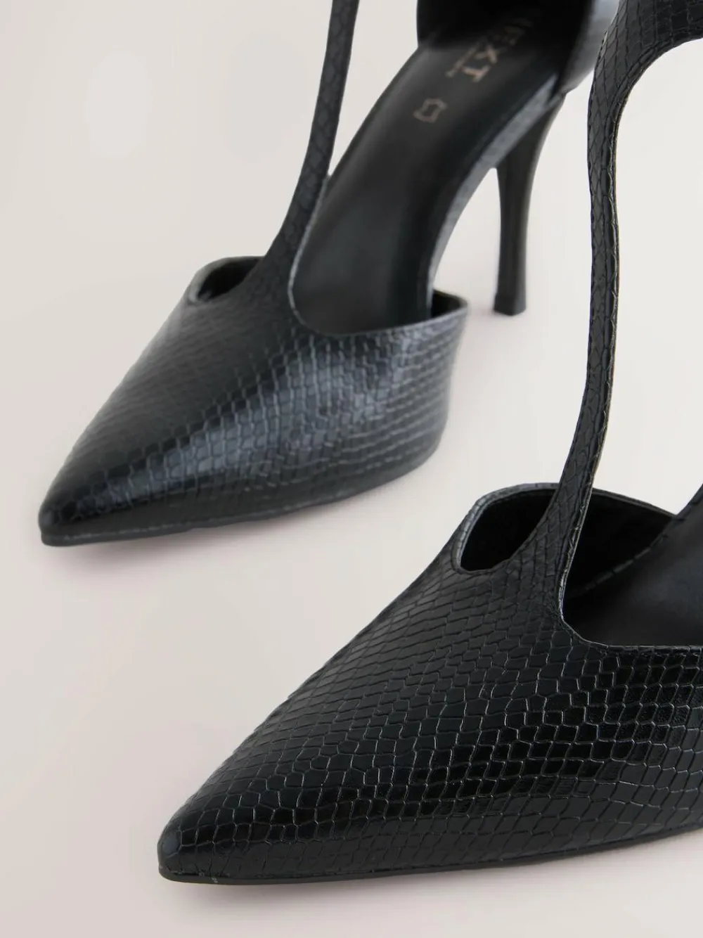 Discount Next Leather T-Bar Pointed Toe Heels Black Lizard Effect