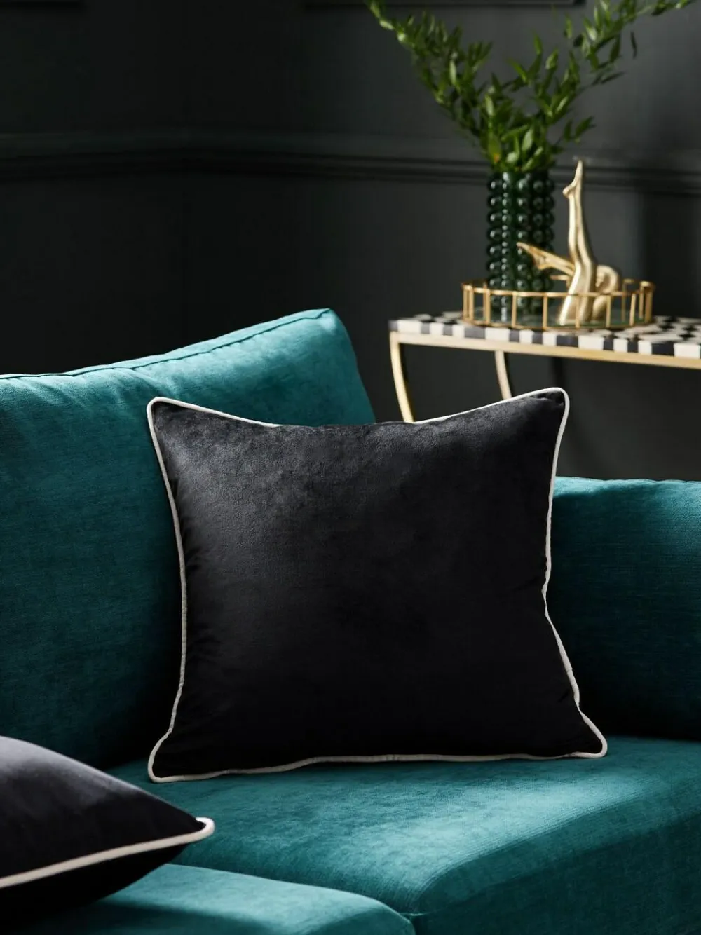 Next Black Matte Velvet Contrast Pipe 59 x 59cm Cushion^ Cushions & Throws