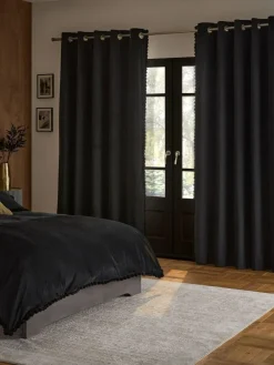 Discount Next Matte Velvet Faux Fur Trim out/Thermal Eyelet Curtains Black