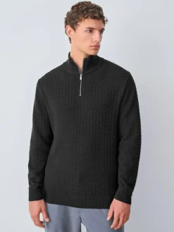 Clearance Next N.Premium Cotton Rich Regular Fit Premium Textured Quarter Zip Neck Jumper Black