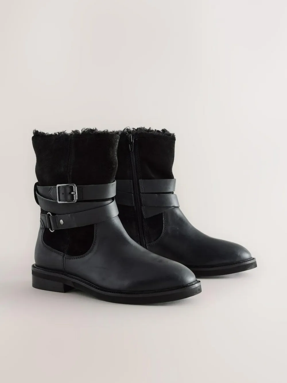 Next Forever Comfort® Borg Lined Buckle Trim Ankle Boots^Women Wide Fit & Extra Wide Fit|Boots & Wellies