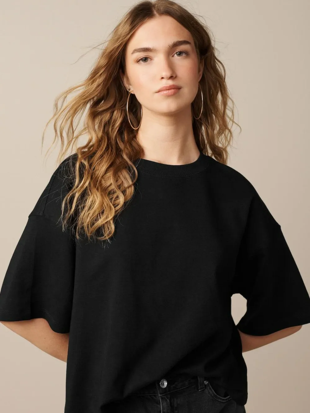 Next Black Oversized Relaxed Fit Boxy Heavyweight Crew Neck T-Shirt^Women Tops & T-Shirts
