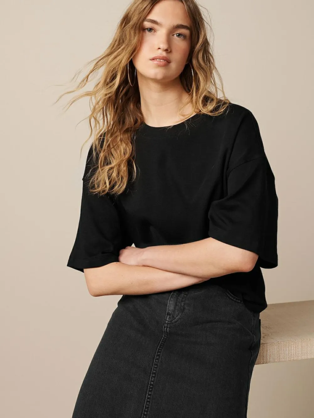 Next Black Oversized Relaxed Fit Boxy Heavyweight Crew Neck T-Shirt^Women Tops & T-Shirts