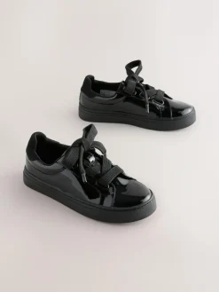 Hot Next Black Patent Retro Lace Up School Trainers