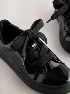 Hot Next Black Patent Retro Lace Up School Trainers