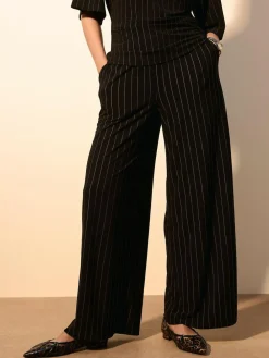 Online Next Waisted Wide Leg Trousers Black Pinstripe