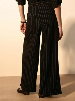 Online Next Waisted Wide Leg Trousers Black Pinstripe