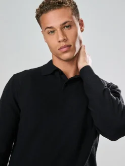 Next Plain Regular Fit Essential Long Sleeve Knitted Polo Shirt Black