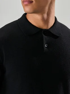 Next Plain Regular Fit Essential Long Sleeve Knitted Polo Shirt Black