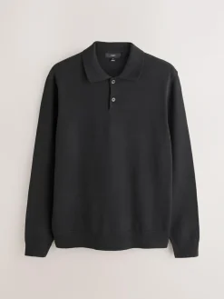 Next Plain Regular Fit Essential Long Sleeve Knitted Polo Shirt Black