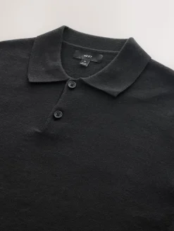 Next Plain Regular Fit Essential Long Sleeve Knitted Polo Shirt Black