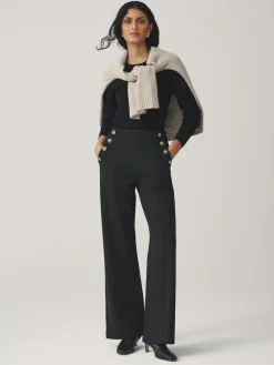 New Next Ponte Wide Leg Trousers With Gold Button Detailing Black