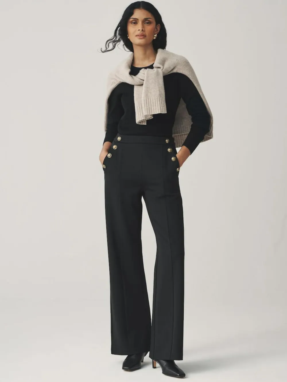 New Next Ponte Wide Leg Trousers With Gold Button Detailing Black