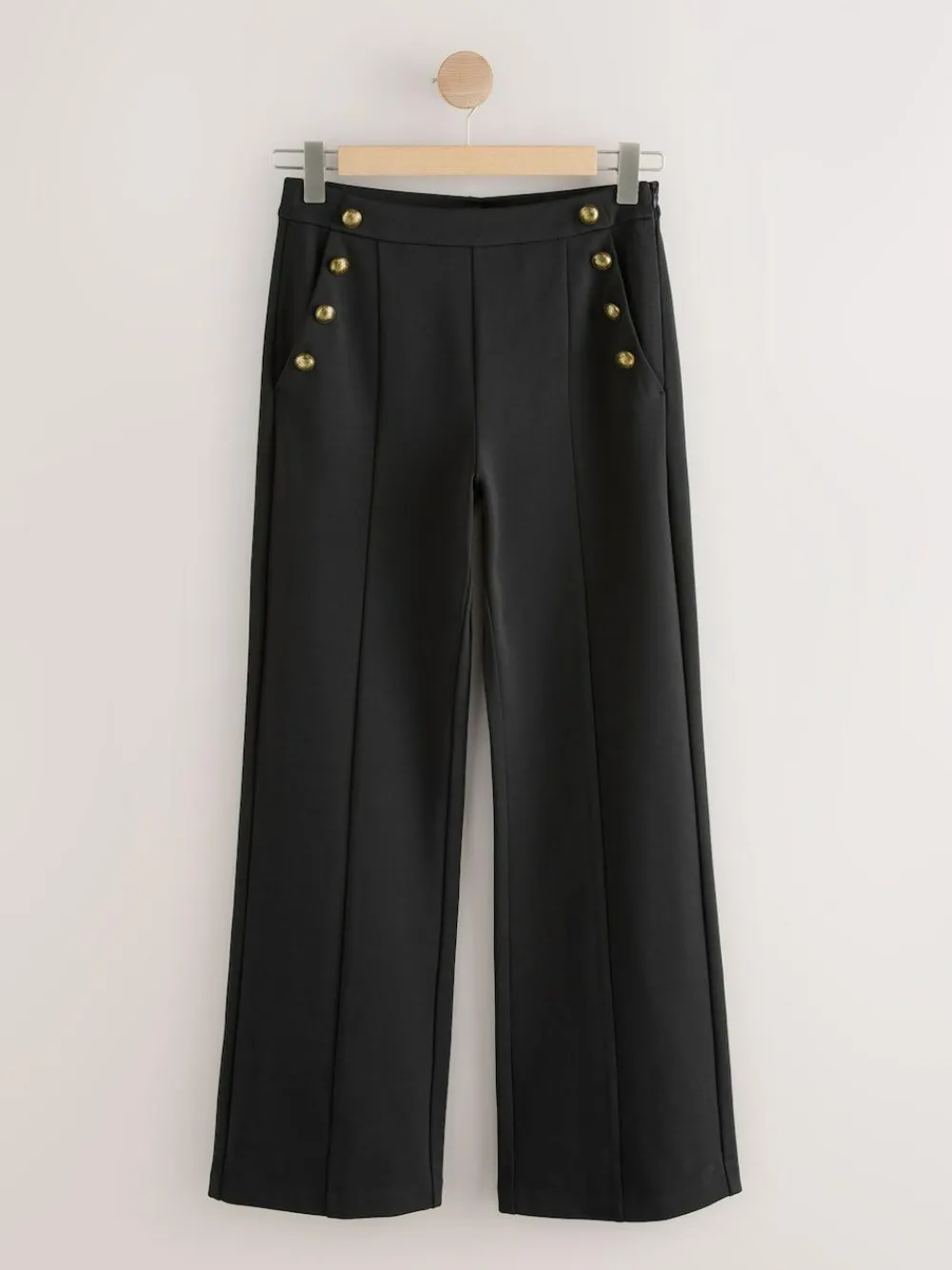 New Next Ponte Wide Leg Trousers With Gold Button Detailing Black