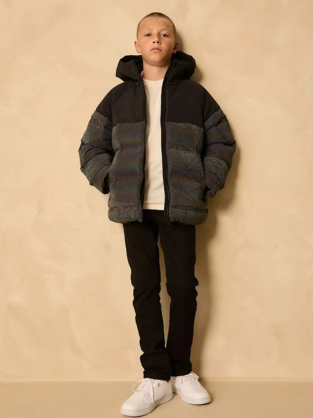 Online Next Black Reflective Shower Resistant Microfleece Lined Padded Coat (3-16yrs)