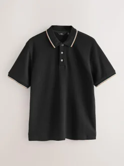 New Next Black Regular Fit Short Sleeve Tipped Polo Shirt