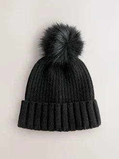 New Next Black Rib Knit Pom Hat