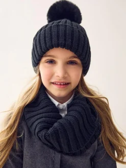 Next Black Rib Pom Beanie (3mths-16yrs)^ Hats|Hats, Gloves & Scarves