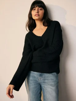 New Next Ribbed V-Neck Knitted Jumper Black