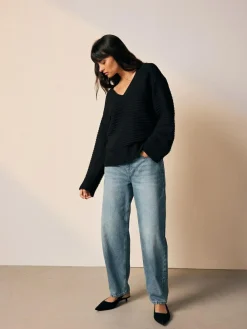 New Next Ribbed V-Neck Knitted Jumper Black