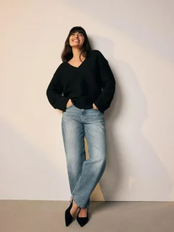 New Next Ribbed V-Neck Knitted Jumper Black