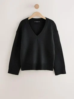 New Next Ribbed V-Neck Knitted Jumper Black