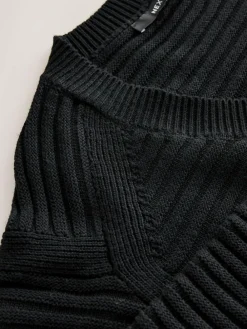New Next Ribbed V-Neck Knitted Jumper Black