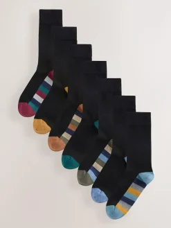 Next Black Rugby Stripe 7 Pack Mens Cotton Rich Socks