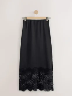 Sale Next Satin Midi Skirt With Lace Trim Black