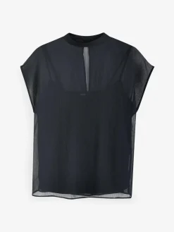 Next Black Sheer Layer Cap Sleeve Top^Women Tops & T-Shirts|Blouses & Shirts