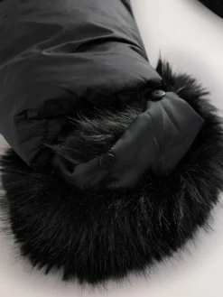 Next Black Short Padded Coat with Faux Fur Trim Hood and Cuffs^Women Coats & Jackets|Coats & Jackets