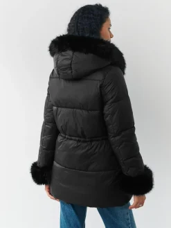 Next Black Short Padded Coat with Faux Fur Trim Hood and Cuffs^Women Coats & Jackets|Coats & Jackets