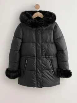 Next Black Short Padded Coat with Faux Fur Trim Hood and Cuffs^Women Coats & Jackets|Coats & Jackets
