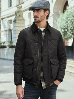 Next Black Shower Resistant Diamond Quilt Corduroy Collared Jacket^ Coats & Jackets|Coats & Jackets
