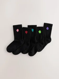 New Next Sport Rib Socks 5 Pack Black Smiley