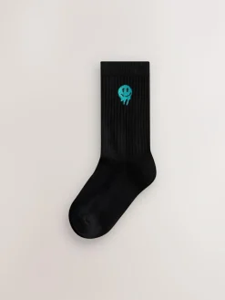 New Next Sport Rib Socks 5 Pack Black Smiley