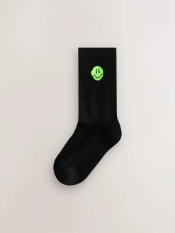 New Next Sport Rib Socks 5 Pack Black Smiley