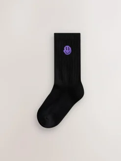 New Next Sport Rib Socks 5 Pack Black Smiley