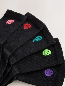 New Next Sport Rib Socks 5 Pack Black Smiley