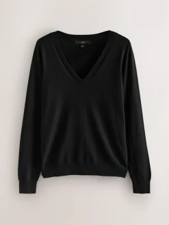 Next Black Soft Touch V-Neck Cotton Rich Jumpers 2 Pack^Women Knitwear|Knitwear