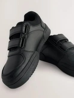New Next Black Standard Fit (F) 3 Straps Touch Fastening School Shoes